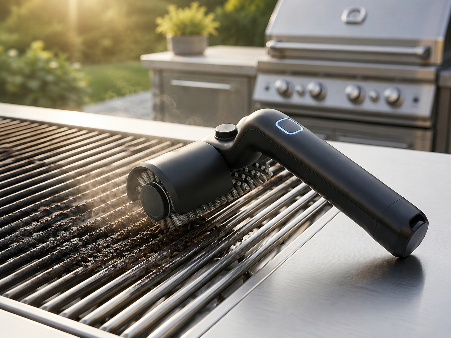 GrillWizz grill cleaner cleaning burnt residue after outdoor BBQ